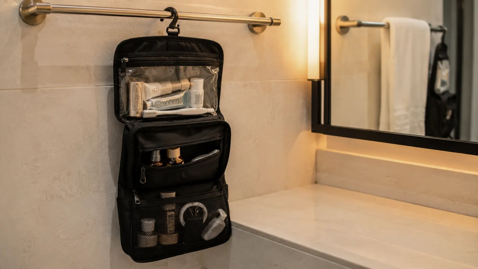 Black hanging toiletry bag hooked over a hotel bathroom towel rod with the clear front panel unrolled and full of toiletries