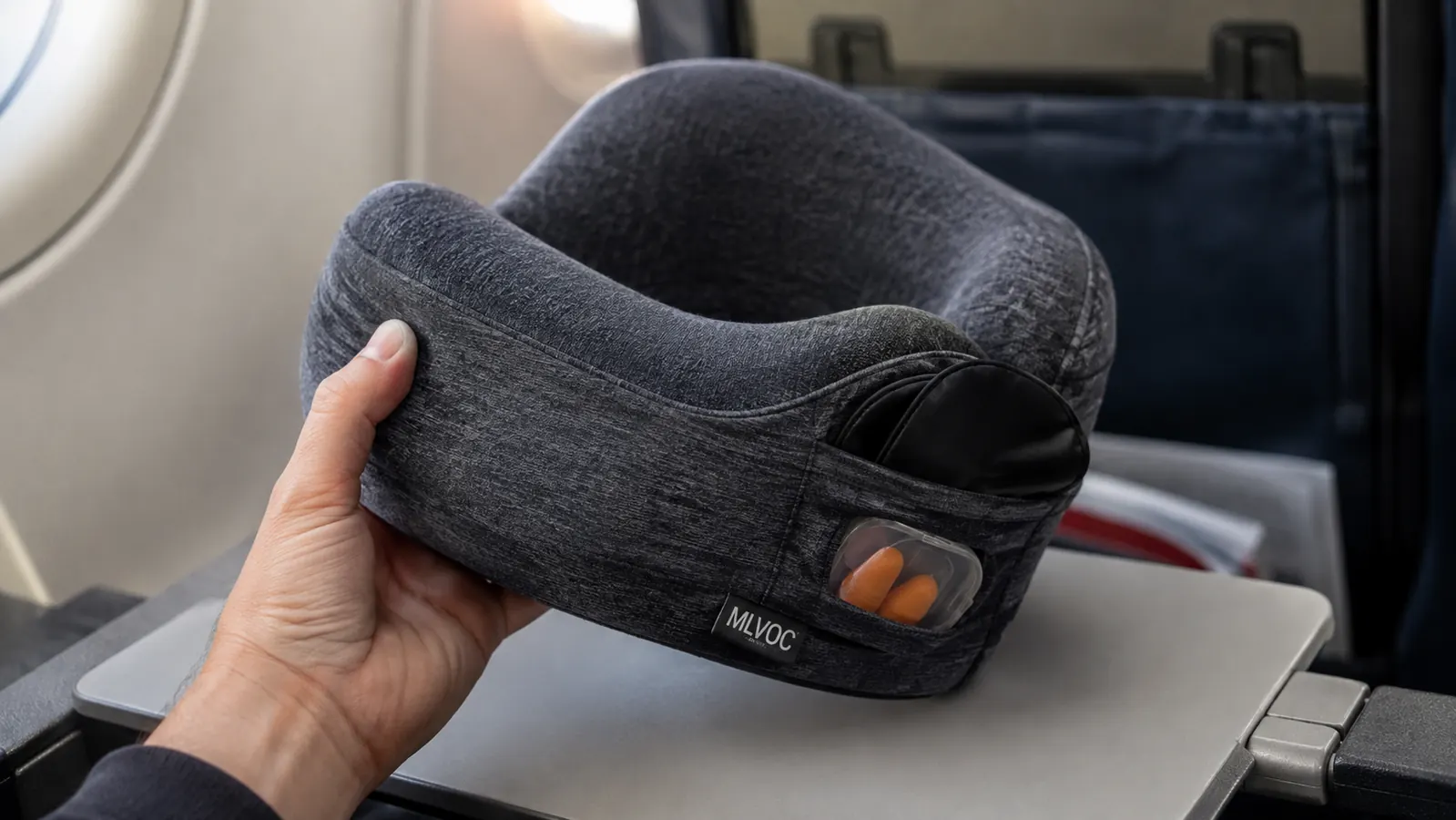 Hand holding the MLVOC neck pillow showing the curved memory foam shape and eye mask and earplug kit tucked in its side pocket
