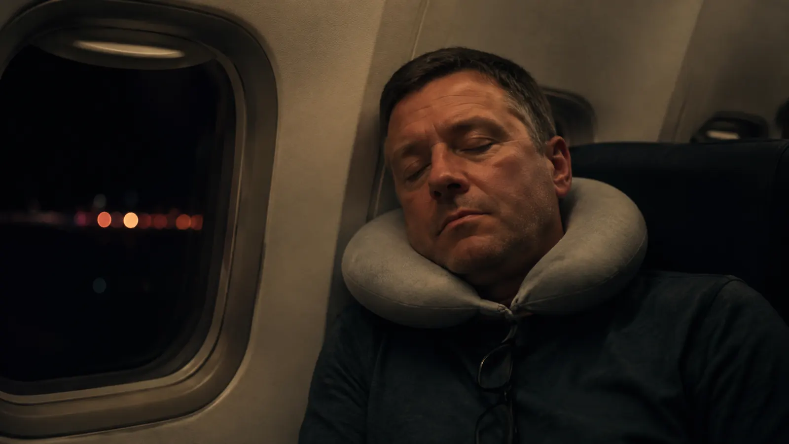 Traveler asleep in an airplane window seat wearing a curved neck pillow, cabin lights dimmed