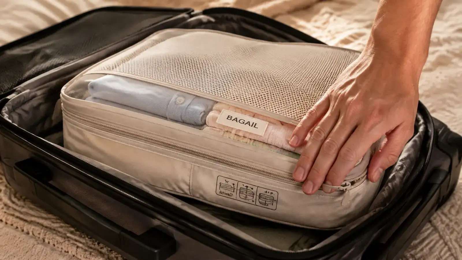Hand zipping a compression packing cube down flat over a stack of folded t-shirts