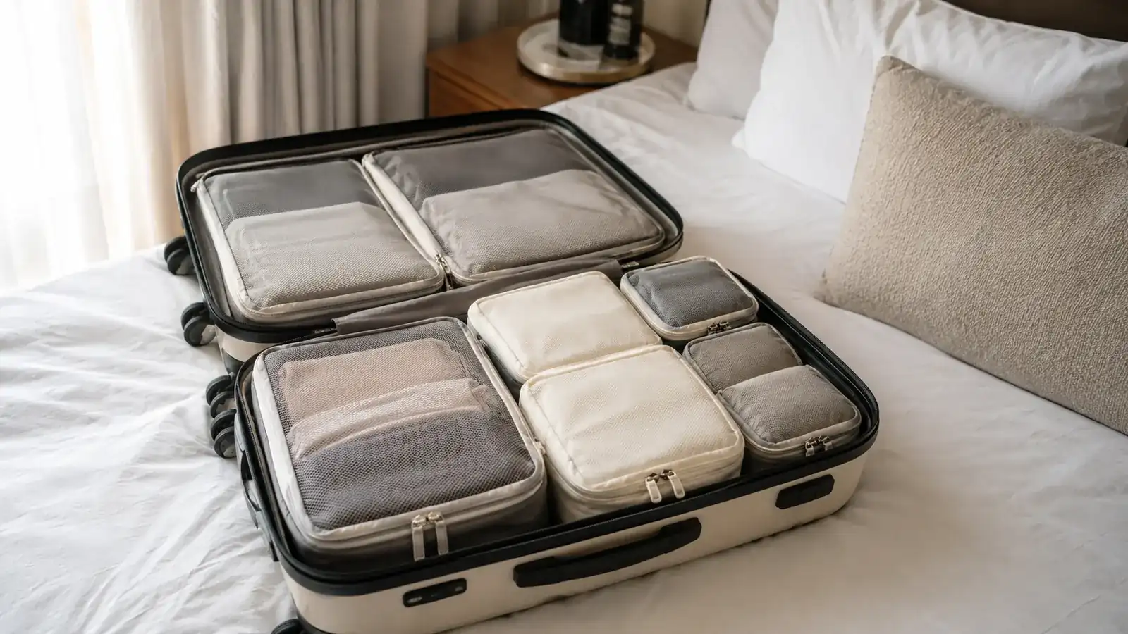 Open carry-on suitcase packed neatly with a full set of colored packing cubes