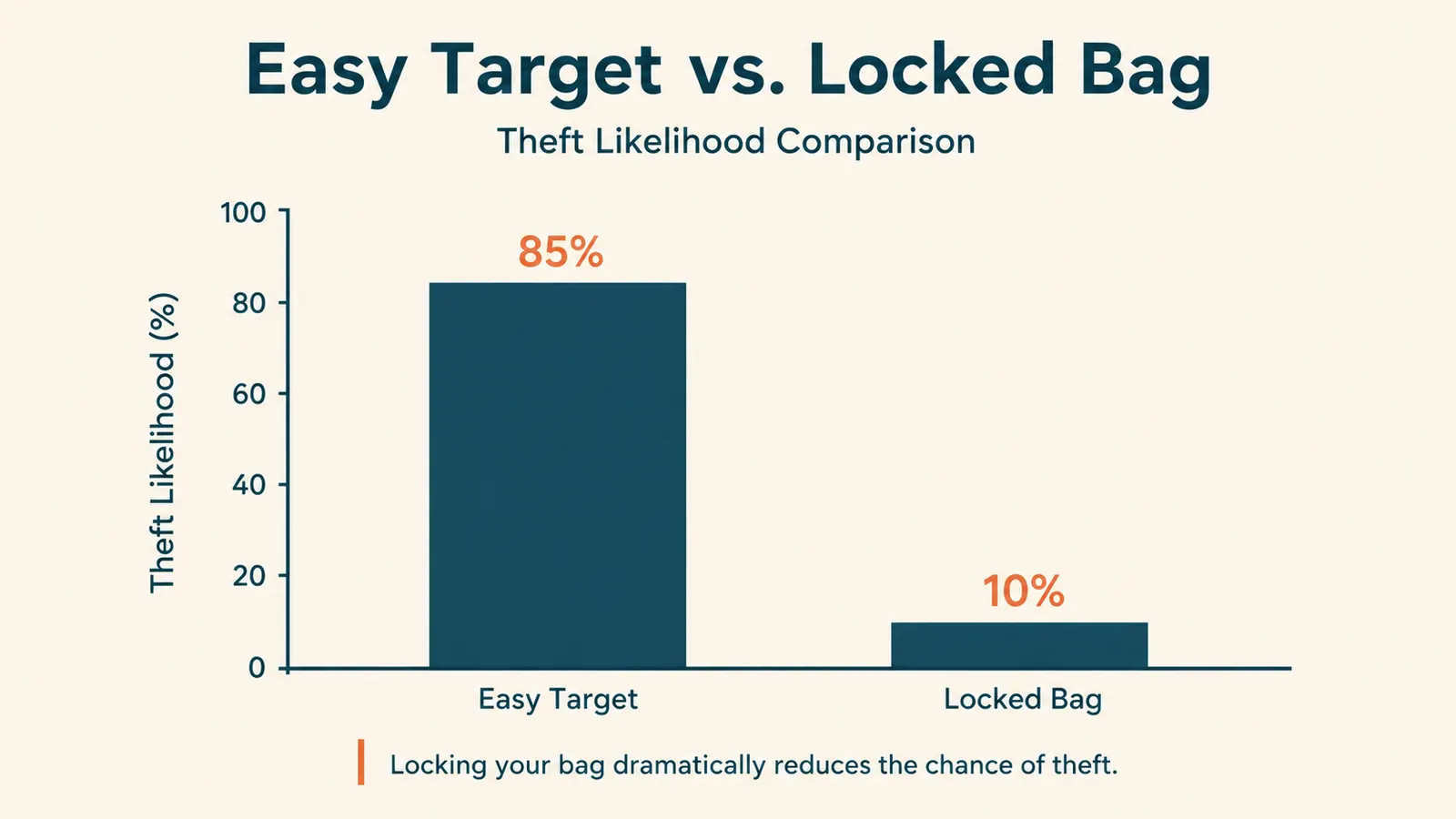 Simple bar chart comparing an unlocked bag zipper to a locked bag zipper as an easy target for casual tampering