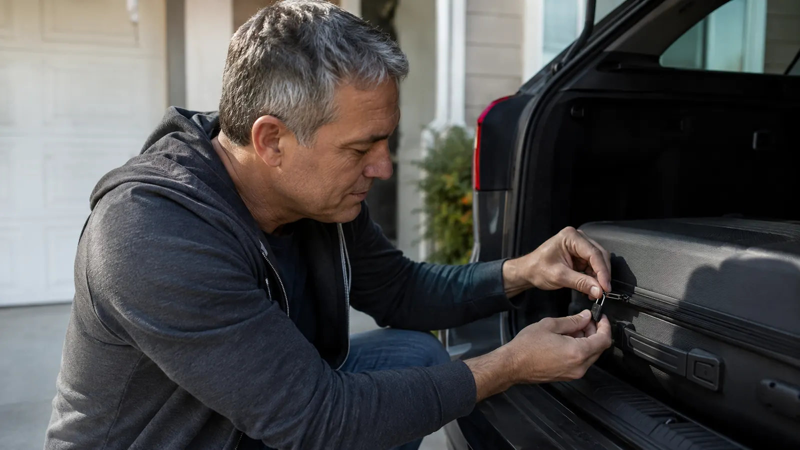 Traveler locking the zippers of a checked suitcase with a small keyed padlock in a driveway before a road trip
