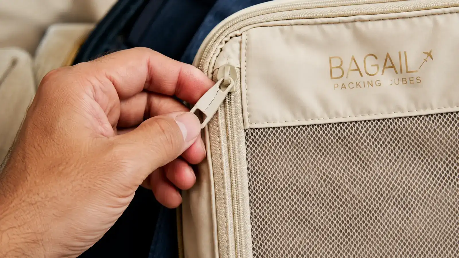 Hand inspecting a cracked plastic zipper pull on a BAGAIL packing cube