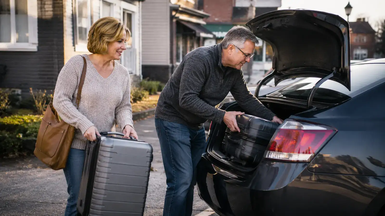 Two travelers loading a car trunk with packed suitcases before a road trip
