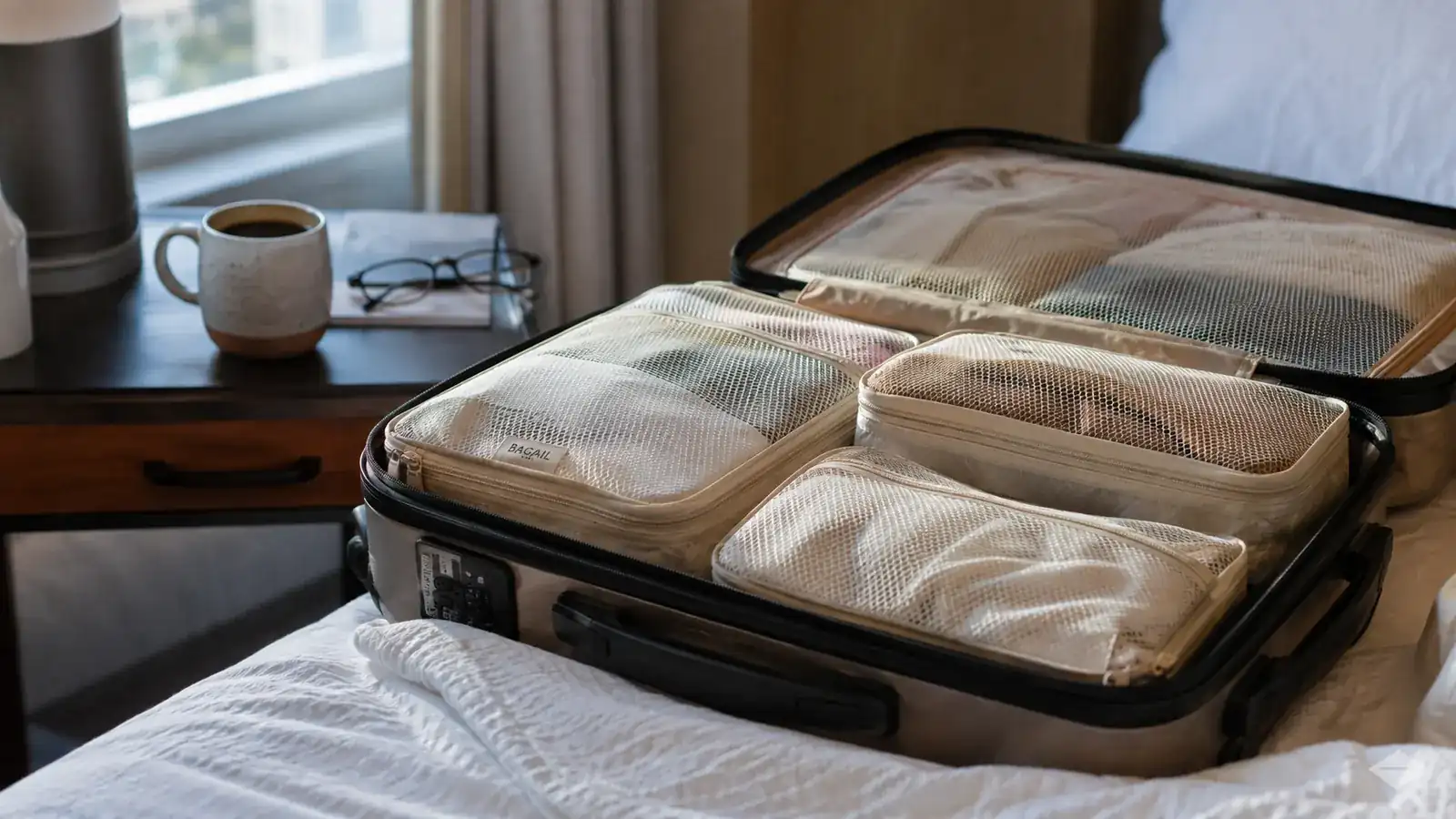 Open carry-on suitcase packed neatly with cream-colored BAGAIL packing cubes visible on top