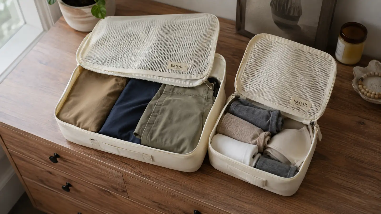 Two BAGAIL packing cubes of different sizes stacked side by side on a wooden dresser, one holding folded pants and one holding rolled socks