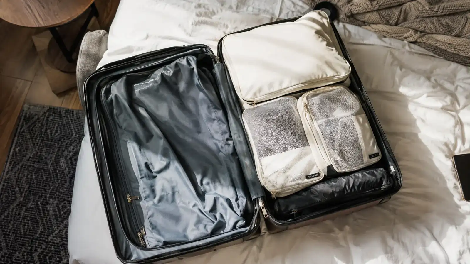 A packed carry-on suitcase open on a bed, showing color-coded BAGAIL packing cubes stacked neatly inside next to a rolled-up compression bag
