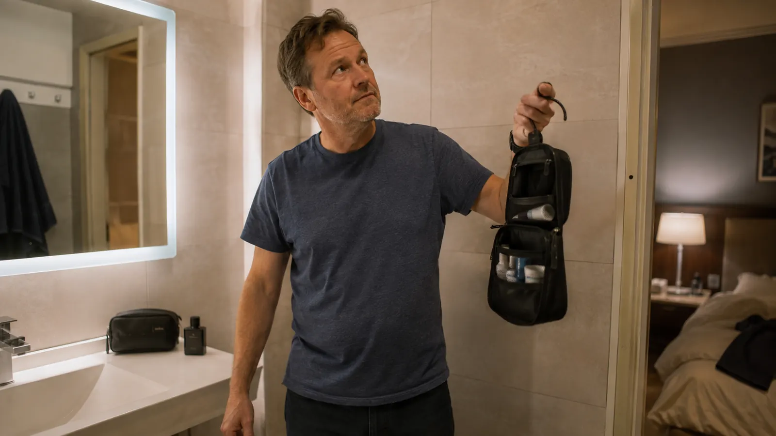 Traveler frowning slightly while examining a black hanging toiletry bag on a hotel bathroom counter with no hook in sight