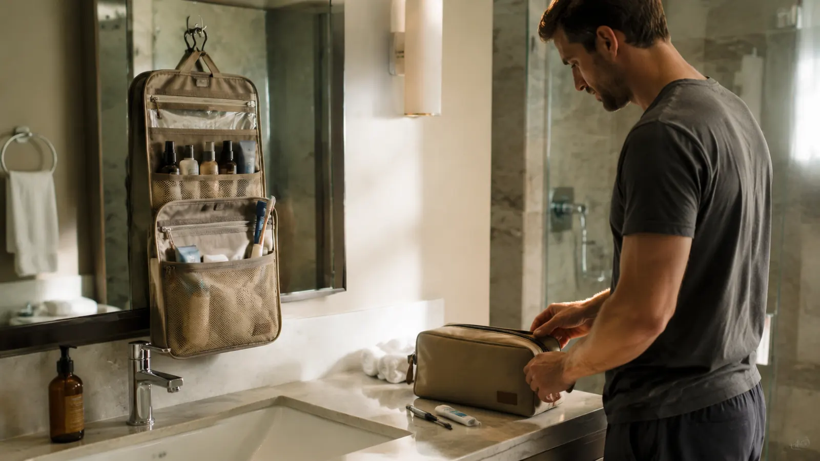 A hanging toiletry bag unrolled and hooked over a hotel bathroom mirror next to a folded canvas dopp kit sitting flat on the counter