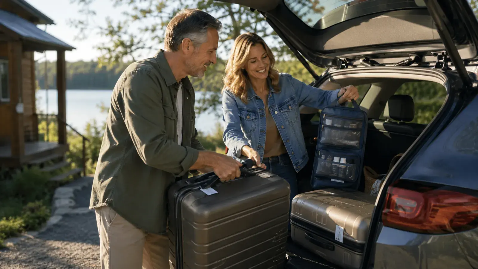 Man and his wife loading a car for a road trip with travel bags