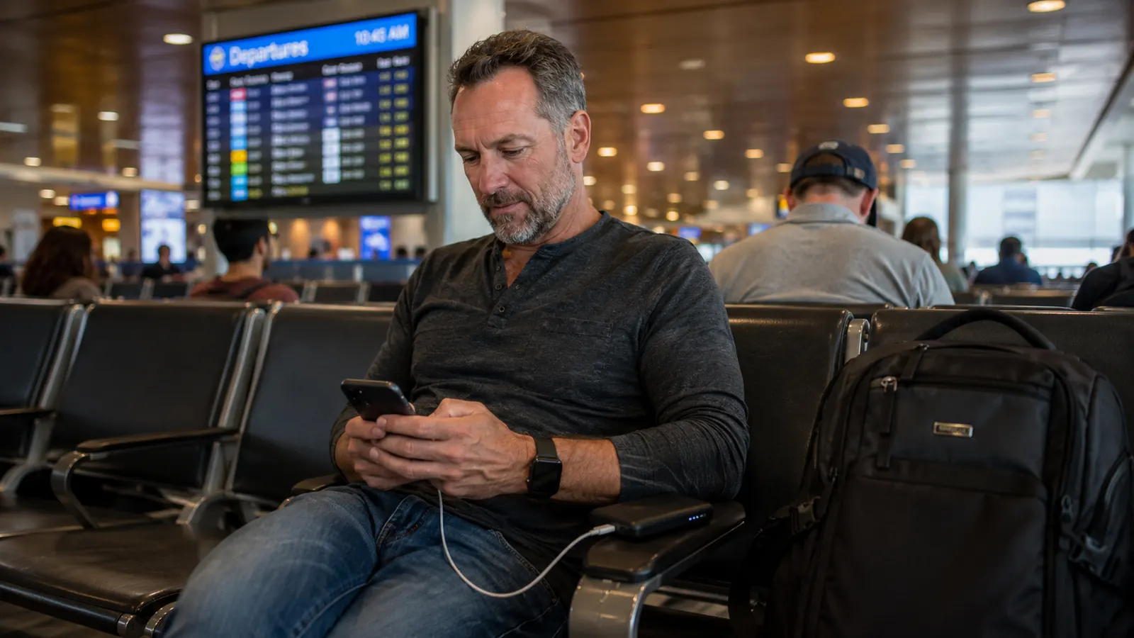 Traveler at an airport gate checking a phone with a small black power bank resting on the armrest beside it