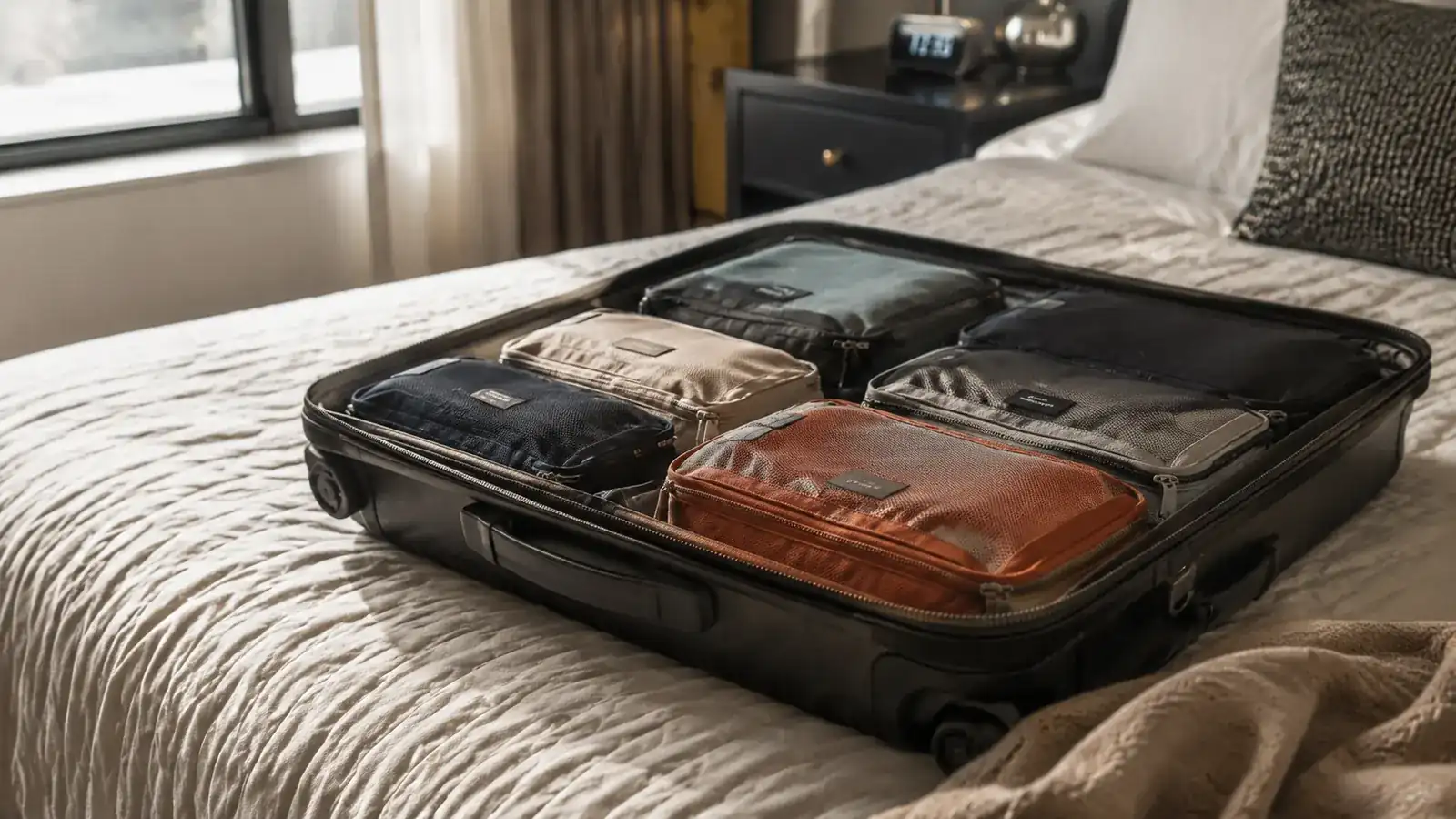 Open carry-on suitcase packed neatly with colorful packing cubes on a hotel bed