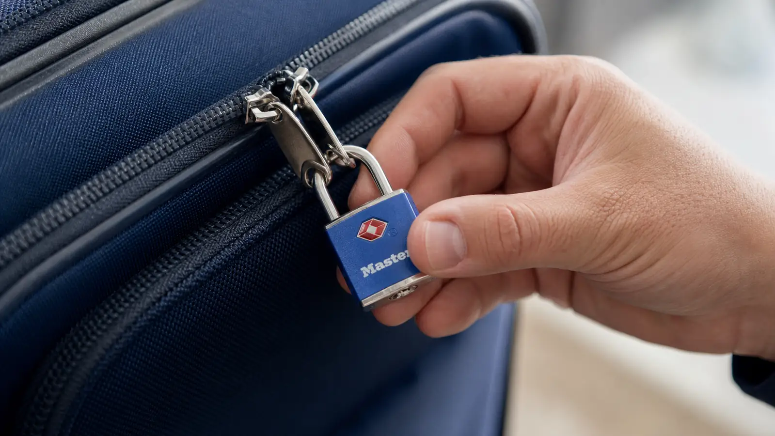 Close-up of a hand threading a Master Lock TSA-approved keyed lock through the two zipper pulls of a checked suitcase