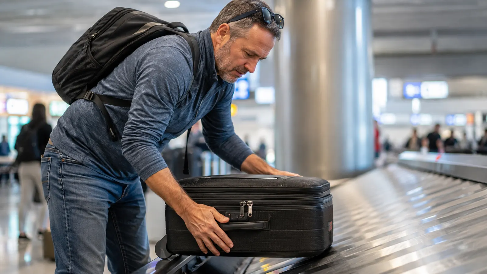 A traveler pulling a locked suitcase off the baggage carousel at an airport