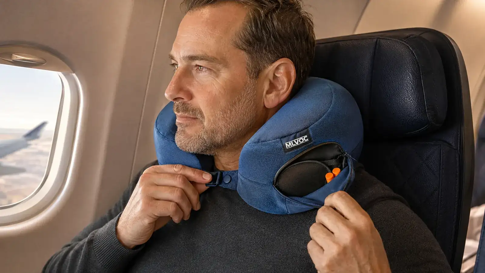 Traveler adjusting a curved neck pillow before settling in to sleep, eye mask and earplugs visible in the side pocket