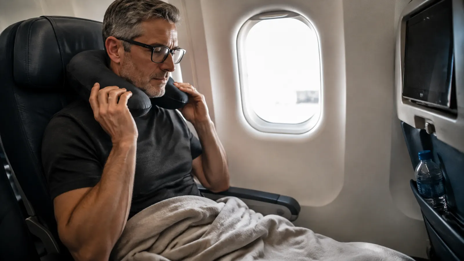 Traveler settled into an airplane seat with a light blanket, water bottle, and neck pillow before takeoff