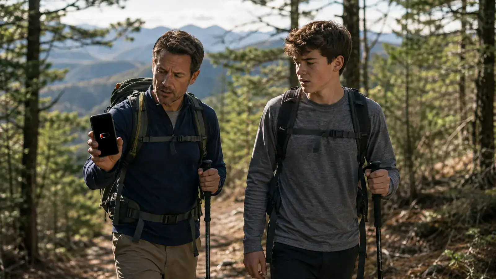 A father and son checking a phone with a low battery on a wooded mountain trail during a backpacking trip