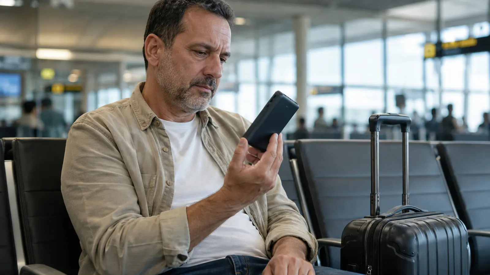 A traveler examining a scuffed black INIU power bank on an airport bench, checking it before a flight