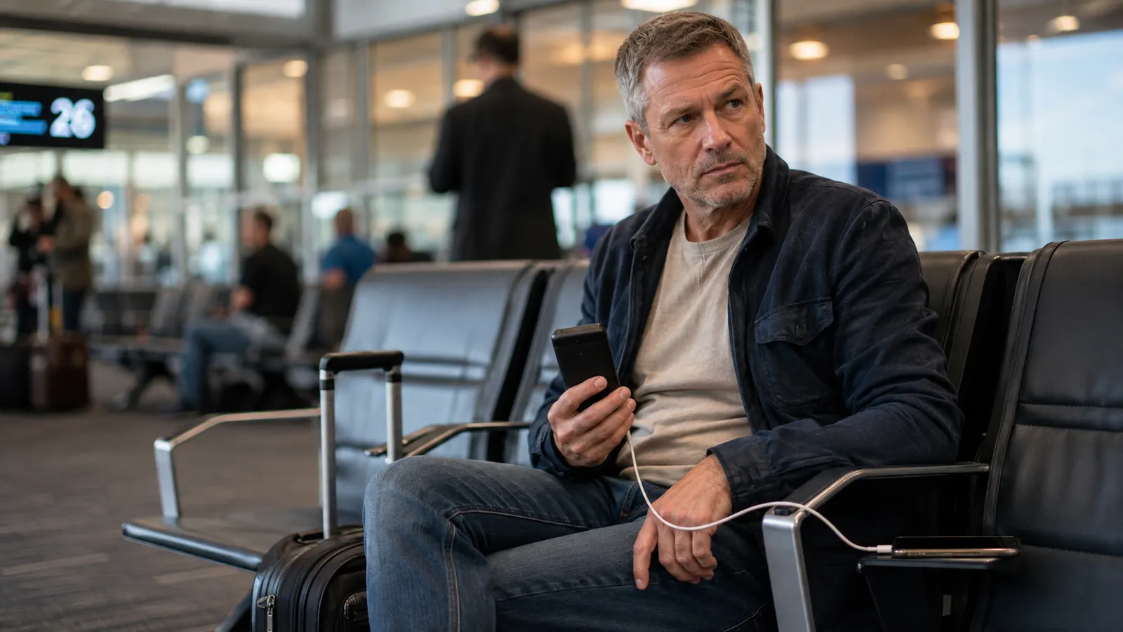 A traveler's hand holding a small black INIU power bank at an airport gate, phone charging beside a rolling carry-on