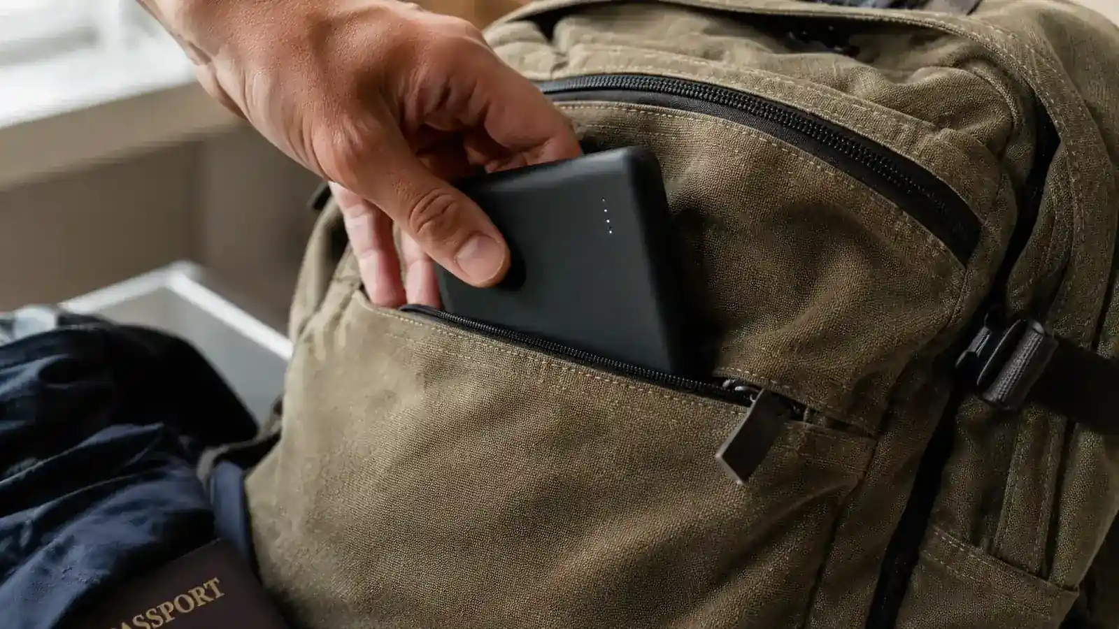 A traveler's hand placing a small power bank into the front pocket of a backpack next to a passport and a folded jacket