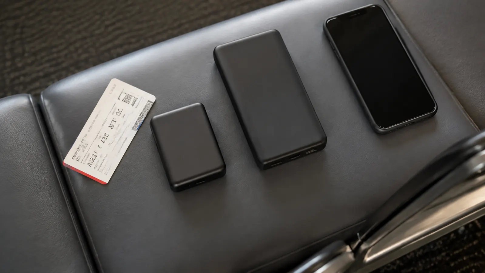 A small black INIU power bank and a slightly larger Anker power bank sitting side by side on an airport gate seat next to a boarding pass and a phone