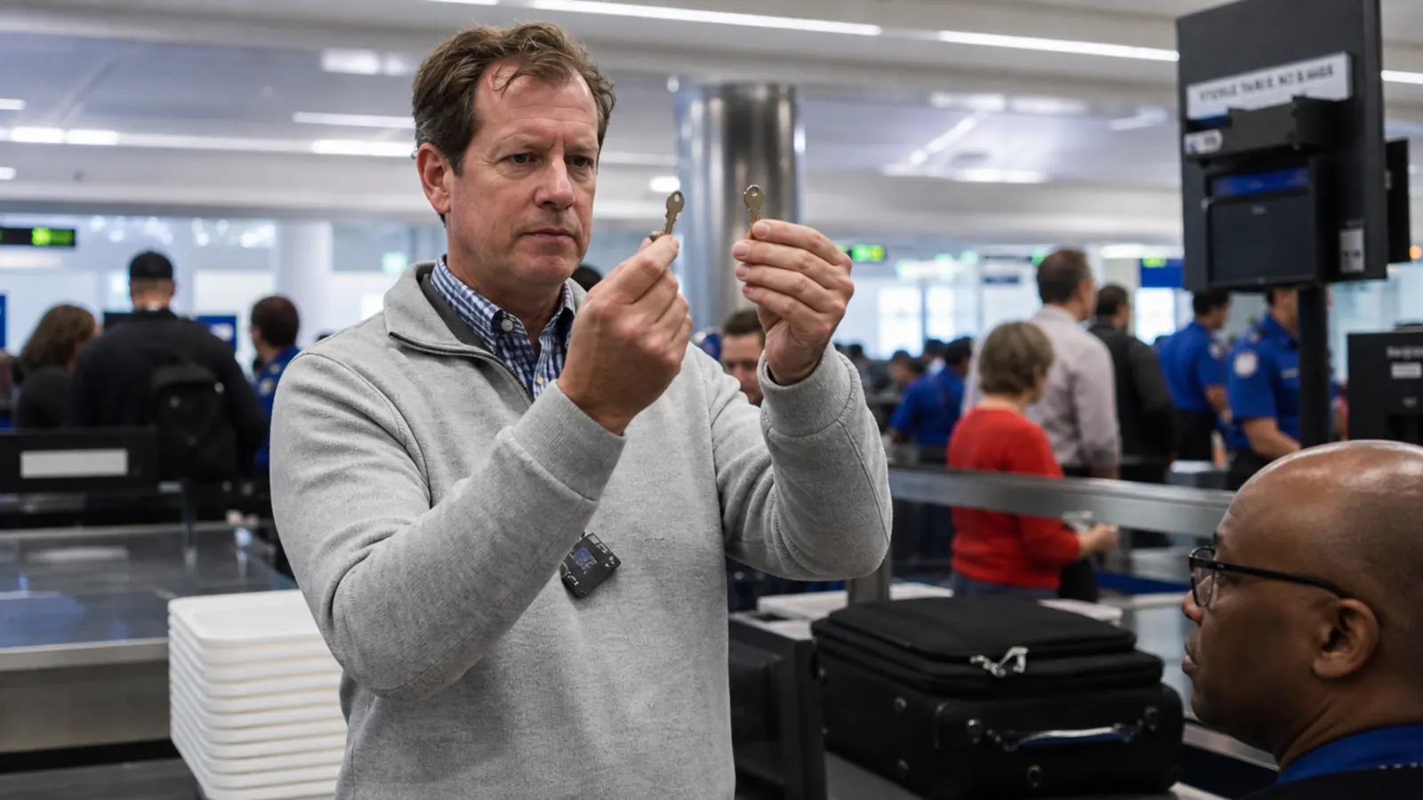 Traveler standing at a security checkpoint holding two small brass-colored keys, checking which one matches which lock on a suitcase
