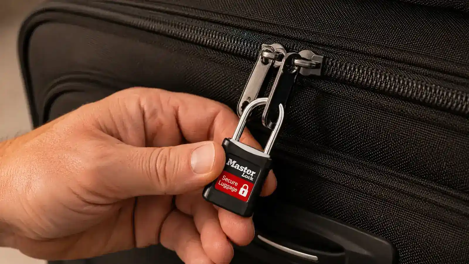 Close-up of a hand threading a keyed TSA lock shackle through two zipper pulls on a suitcase