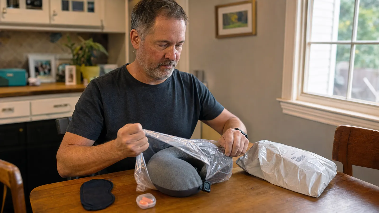 Traveler unboxing a gray memory foam neck pillow at a kitchen table, packaging and accessory pouch spread out