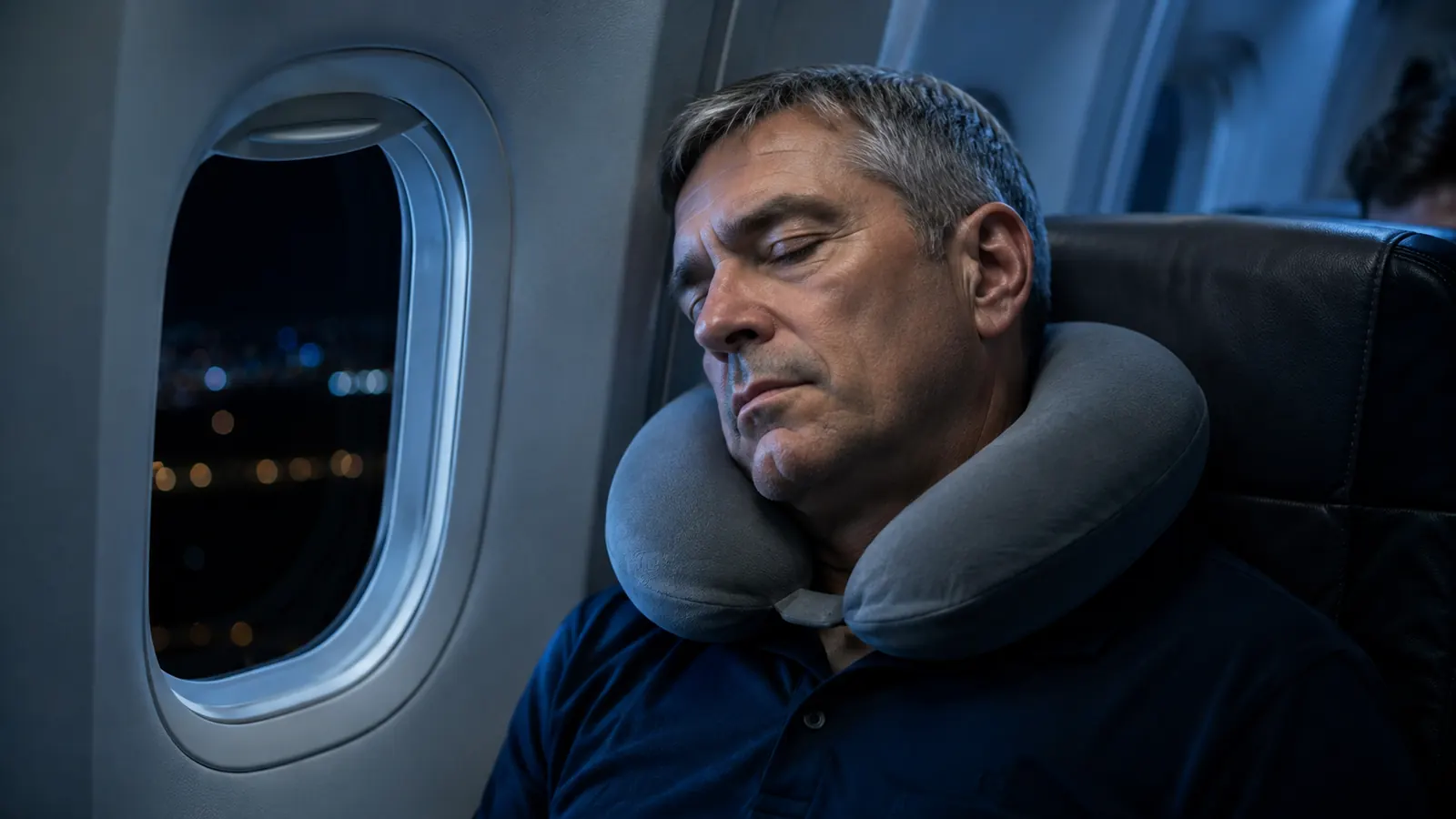 Traveler asleep against an airplane window wearing a gray memory foam neck pillow during a red-eye flight