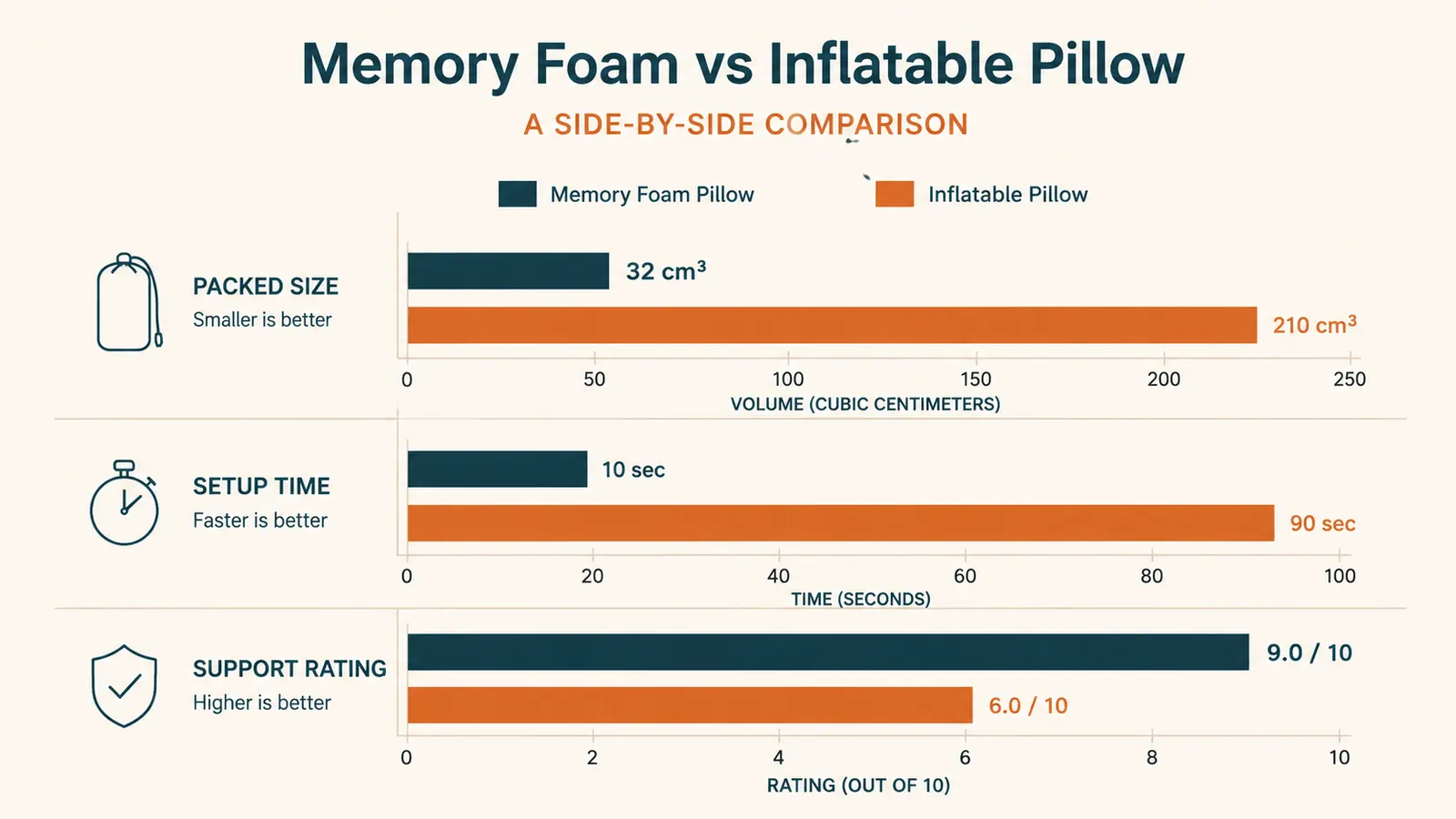 Chart comparing packed size, setup time, and support rating between memory foam and inflatable travel pillows
