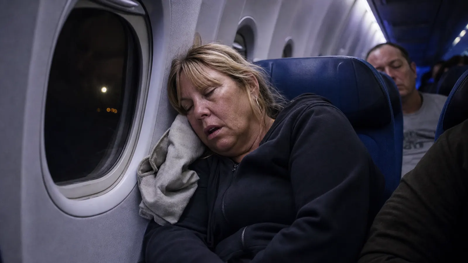 Exhausted traveler slumped against an airplane window at night, overhead reading light off, cabin dark and quiet