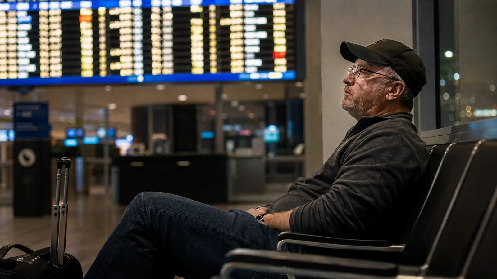 A traveler sitting alone at a dim, mostly empty airport gate late at night, looking at a phone with a low battery